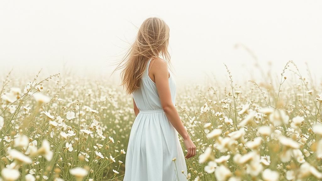 Ethereal Woman in White Dress: Dreamy Watercolor Art