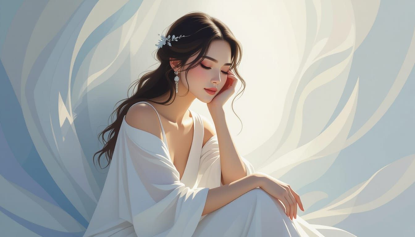 Contemplative Woman in Dreamy, Vibrant Digital Art Style