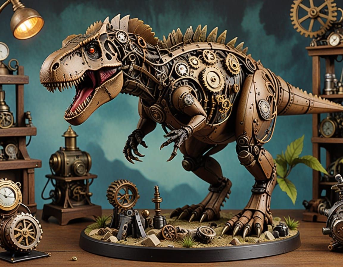 Steampunk T-Rex Model Kit in Mixed Media Diorama