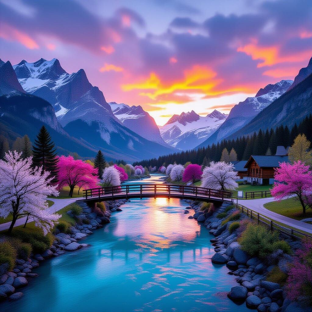 Breathtaking Alpine Valley With Turquoise River at Sunset