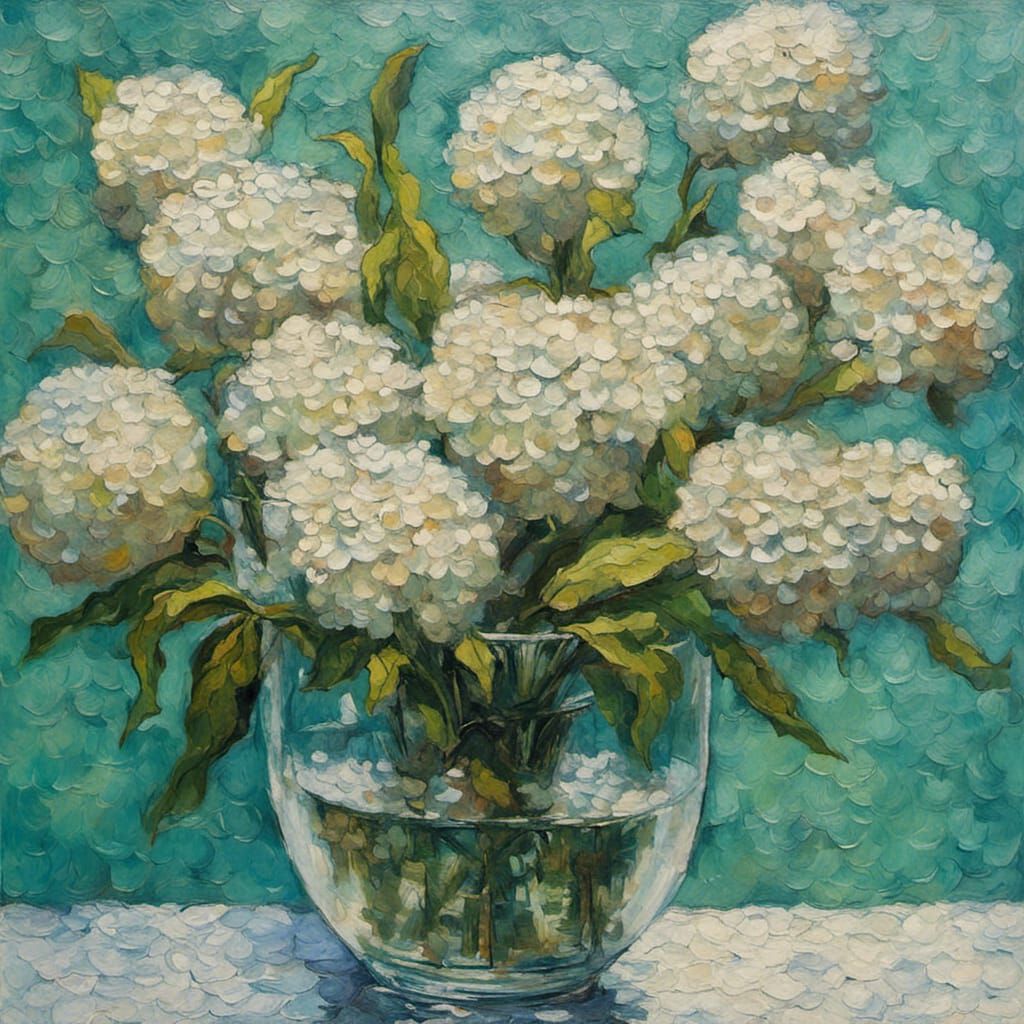 Snowball Bush Stems in Vase: Neo-Impressionist Oil Painting