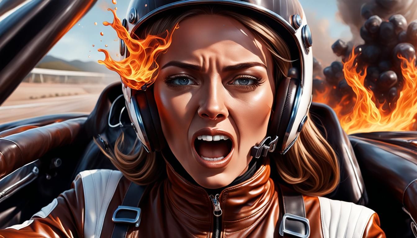 Racing Girl in Fear, Hyperrealistic Splash Art