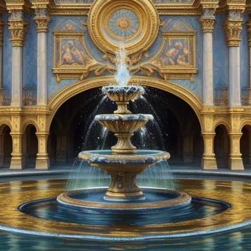 Baroque Water Fountain in Oil Painting Style