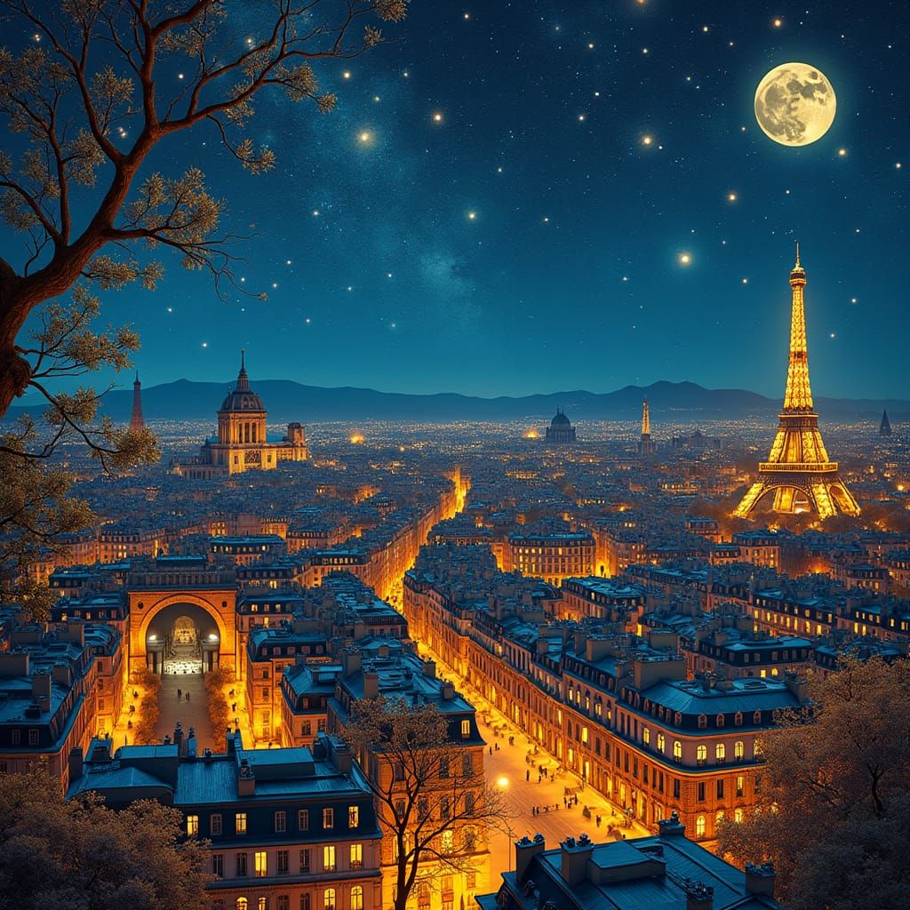 Paris Starry Night in Art Nouveau Style