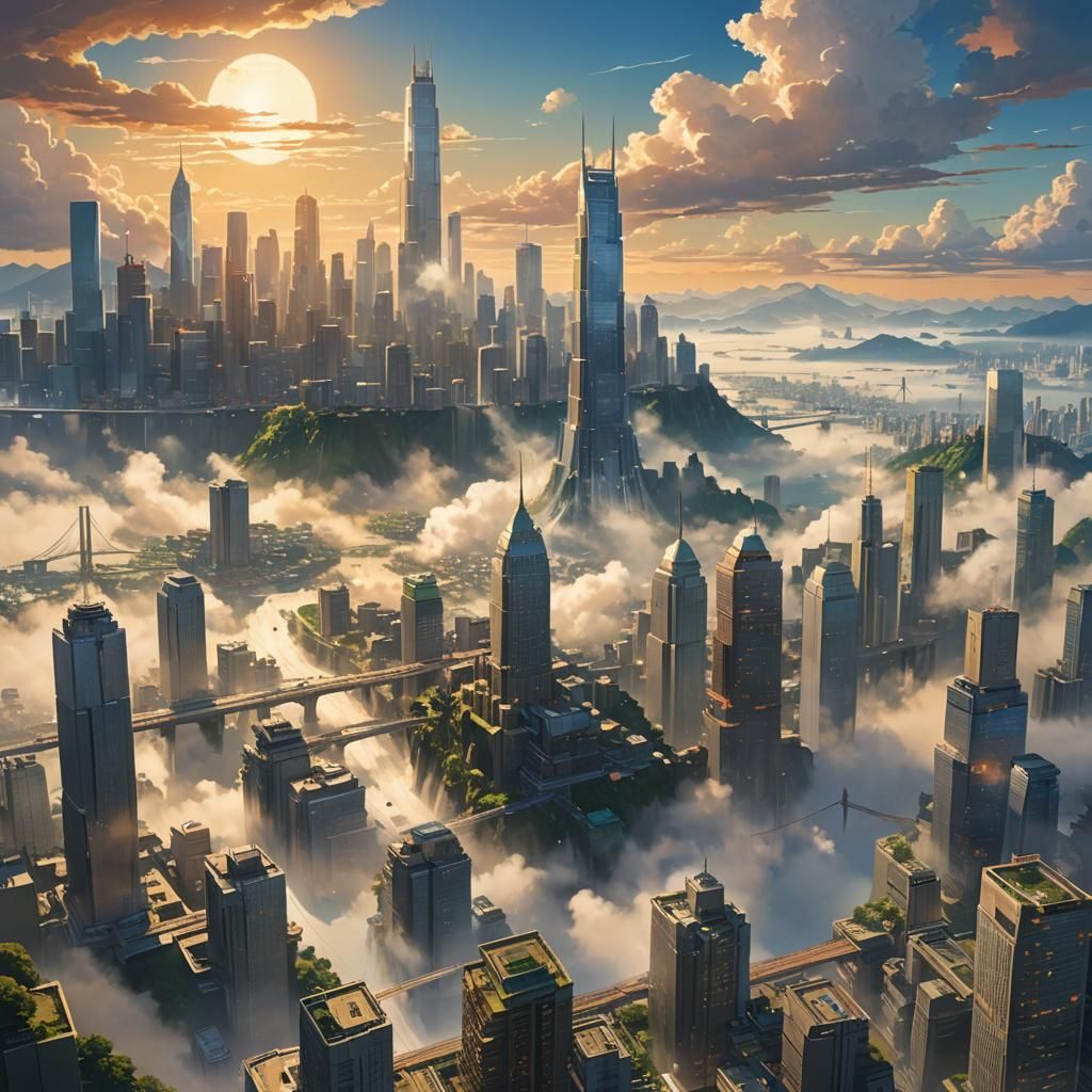 Floating Cityscape in Anime Style with Golden Light