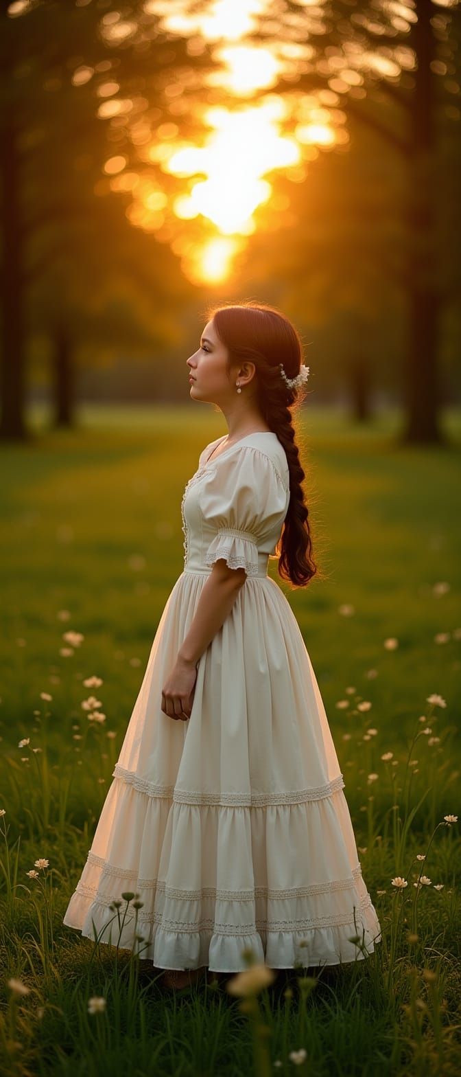 Girl in Victorian Dress Watching Sunset, Vintage Photography