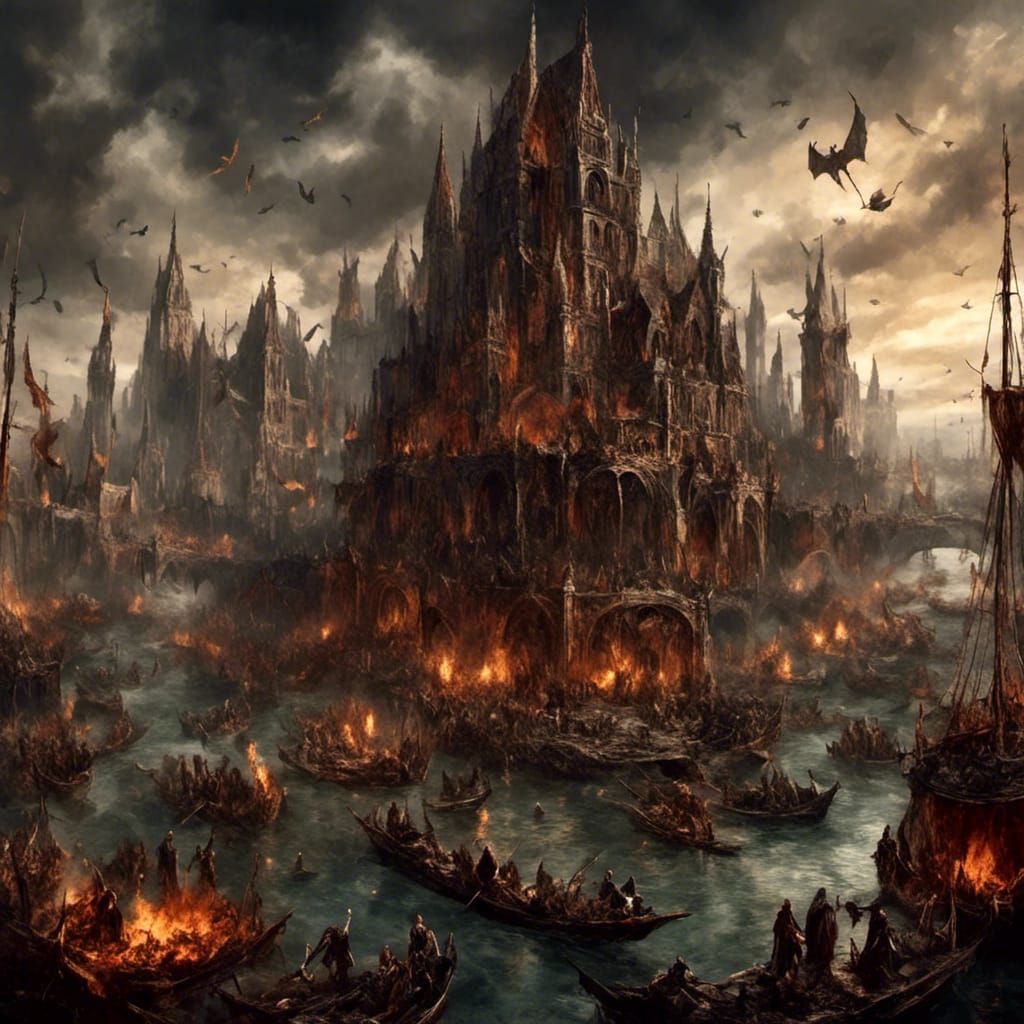 Epic Battlefield Scene with Dragons and Towers