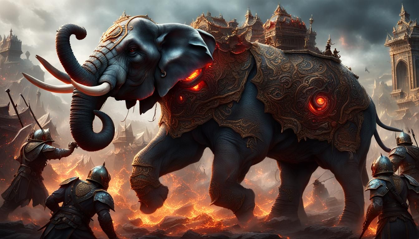 Armored Elephant Battles Demons: Fantasy Concept Art