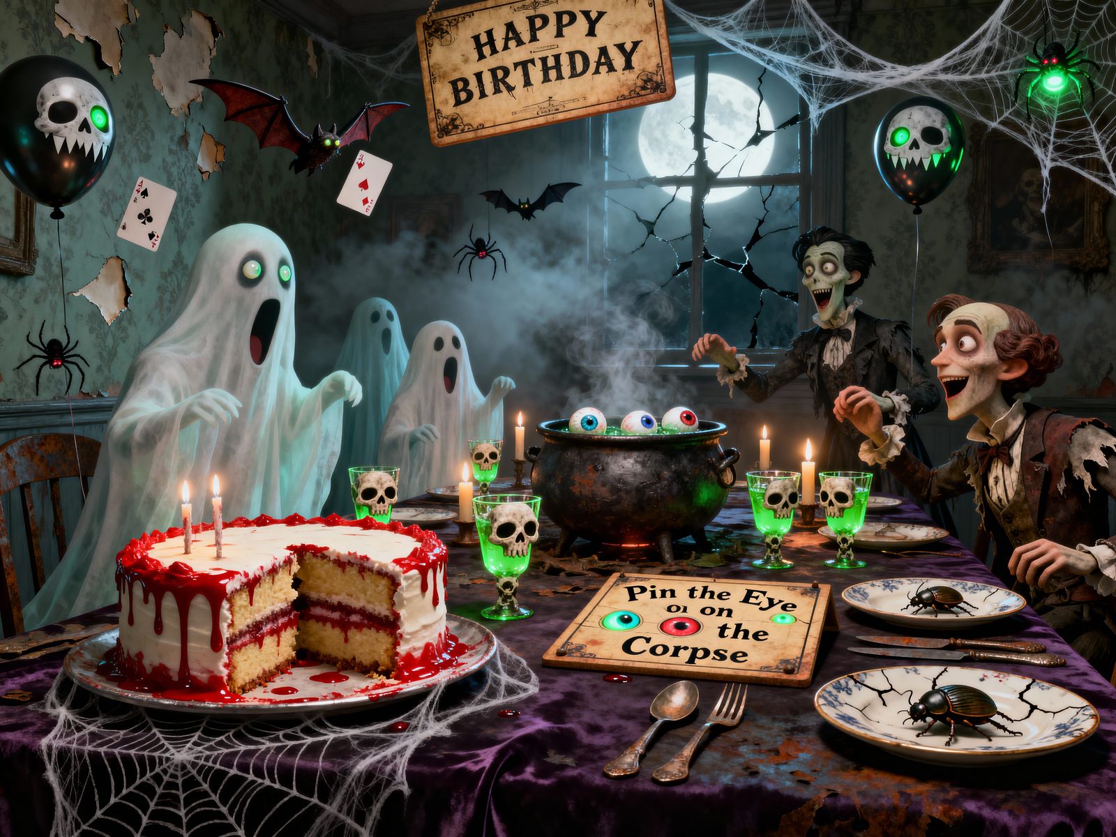 Ghost Family Birthday Party in Dark Whimsical Style