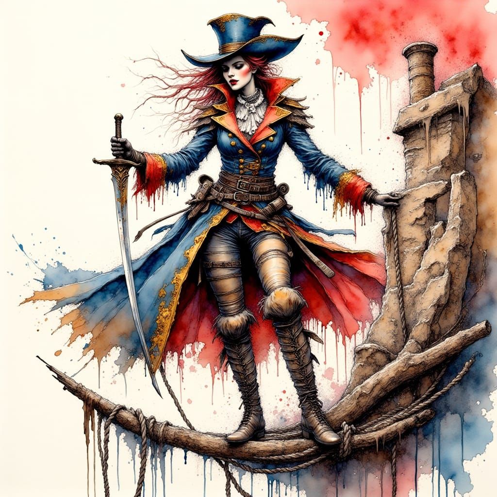 Elf Swashbuckler Balances on Rope: Ink Drawing