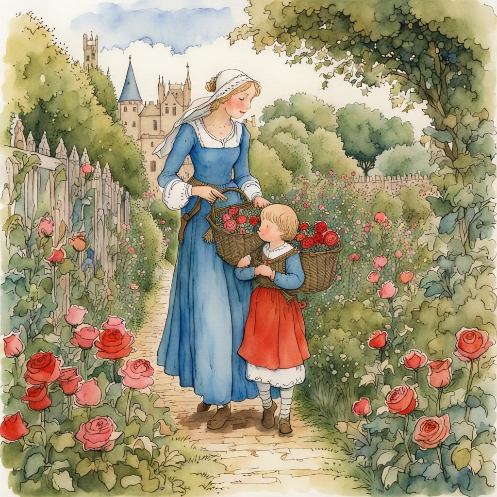 Medieval Mother and Child in Rose Garden