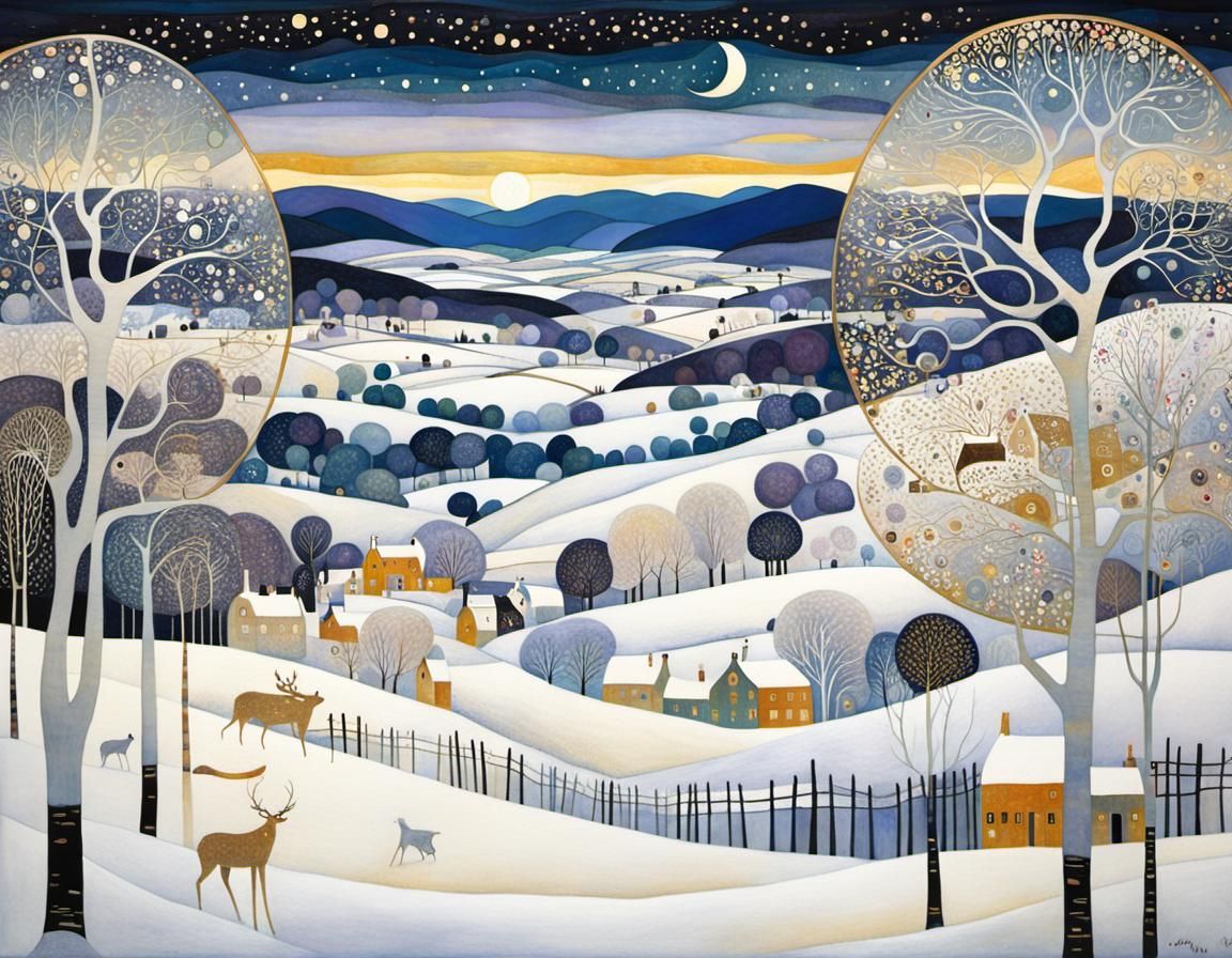 A Dreamlike Winter Scene in Opulent Art Nouveau Style