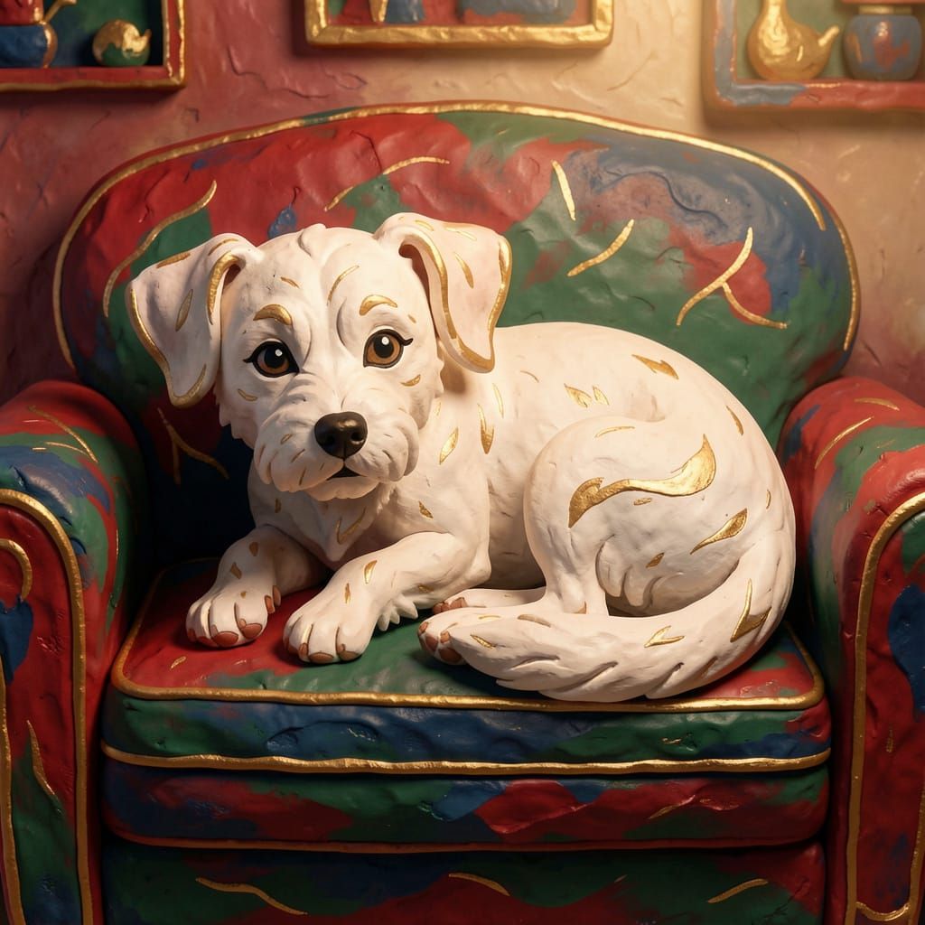 White Terrier Relaxing on Sofa in Folk Sculpture Style