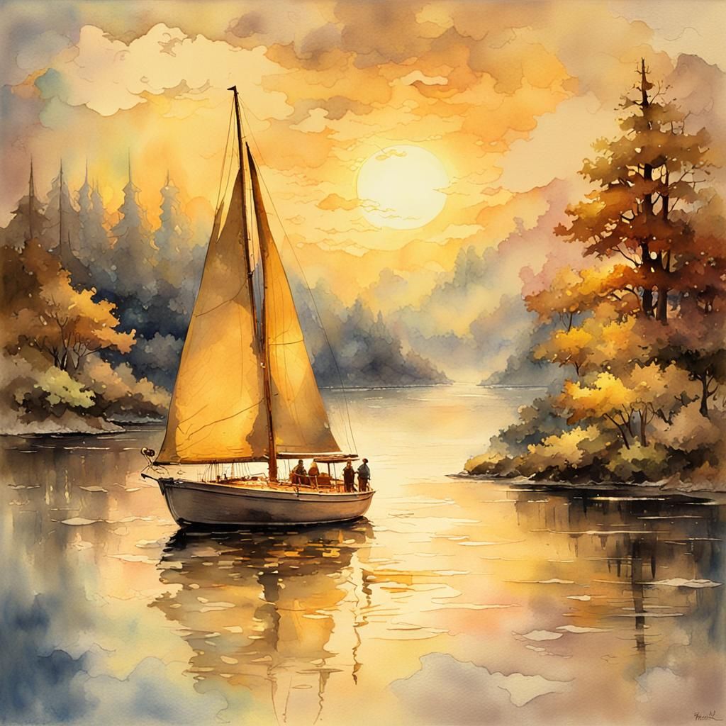 Sailboat in Warm Golden Light, Inspiring Vintage Art Style