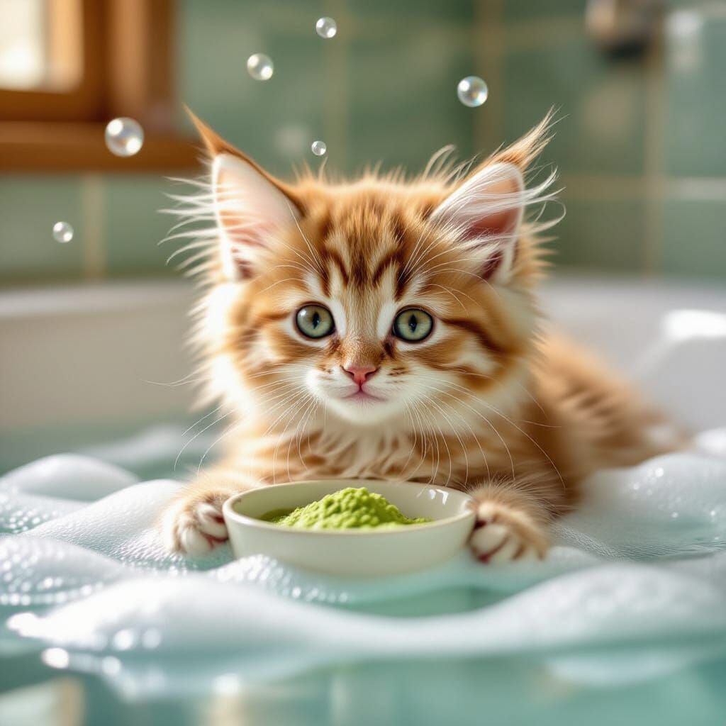 Fluffy Kitten Enjoys Matcha Spa Day in Bubbles