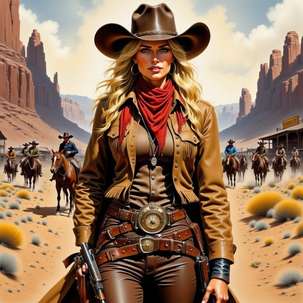 Charming Blonde Cowgirl in Old West Town