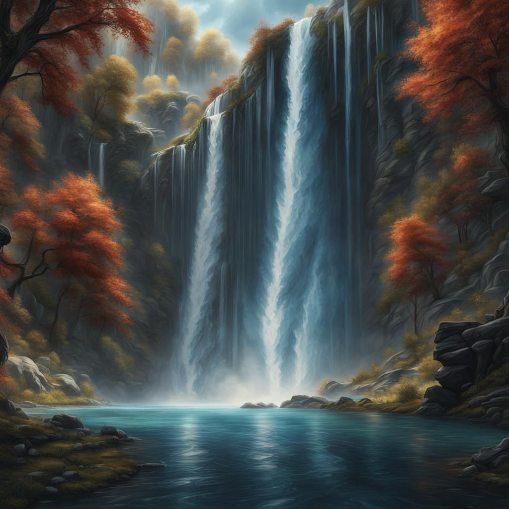 Surreal Waterfall Illusion in Detailed Digital Painting