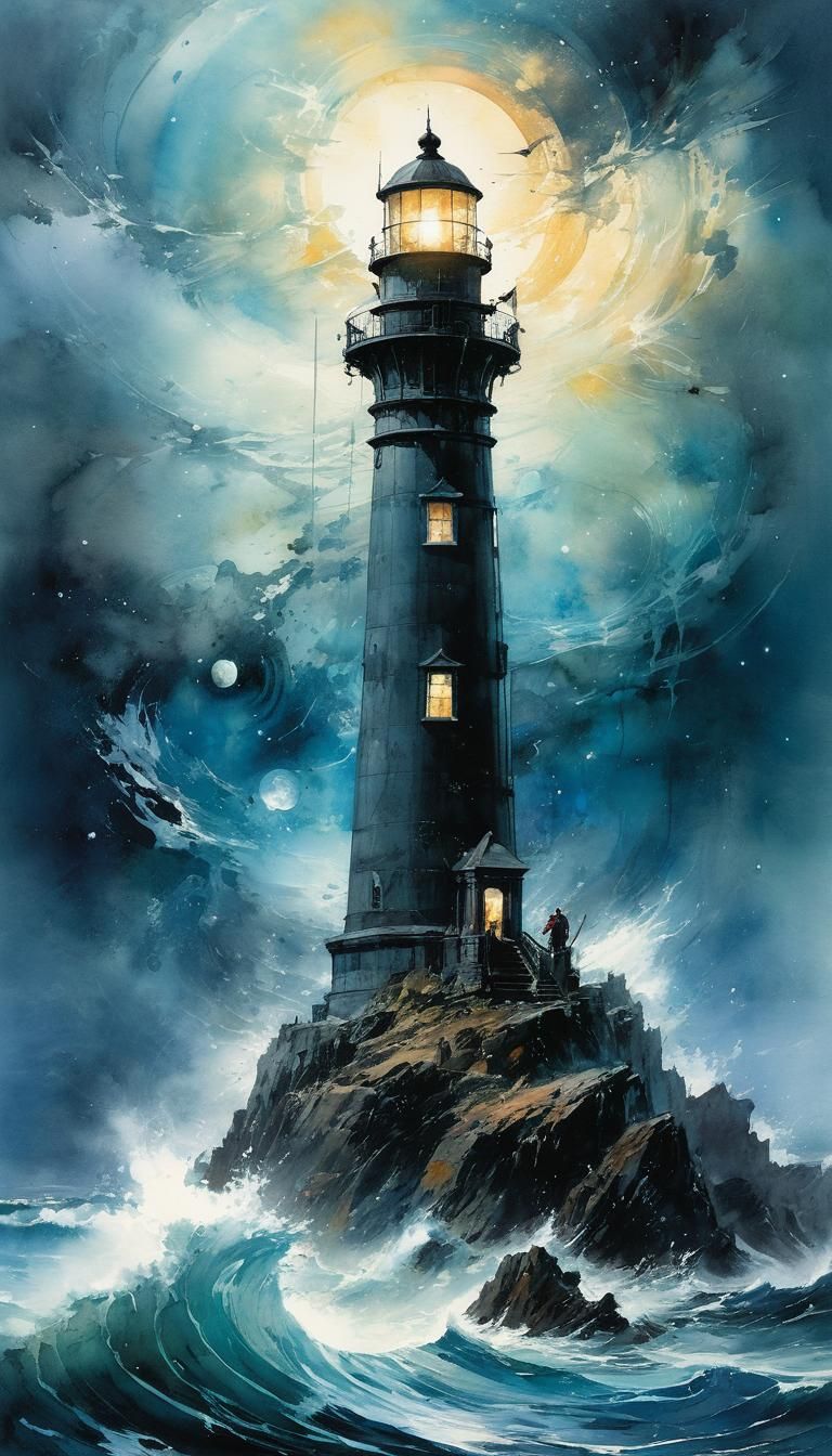 Ocean Storm Lighthouse in Fantasy Book, Watercolor