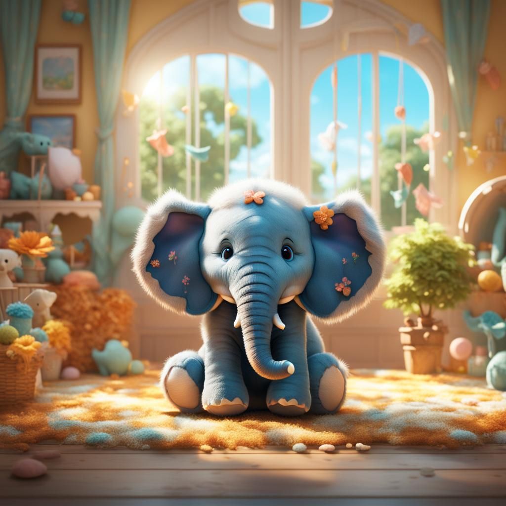 Cute Stuffed Elephant in Sunny Nursery: 8K Art