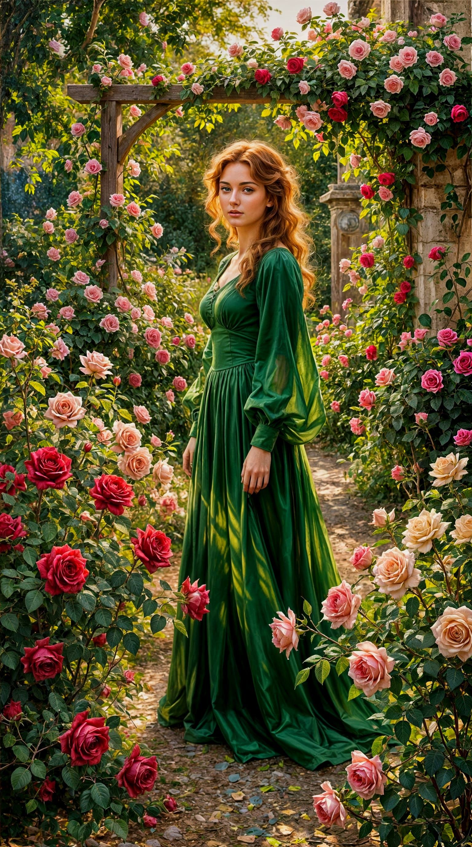 Beautiful Woman in Rose Garden Oil Painting
