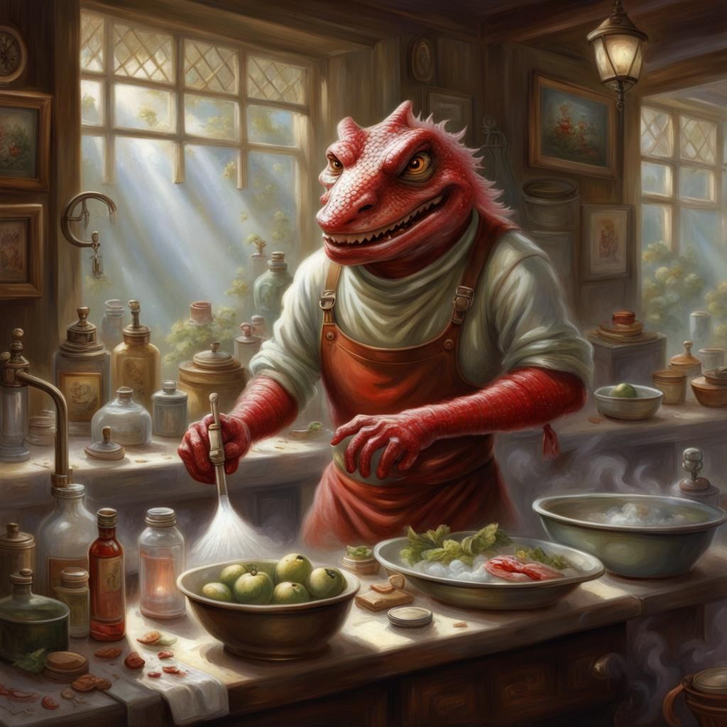 Lizardman Chore Boy Cleans Dishes: Fantasy Art