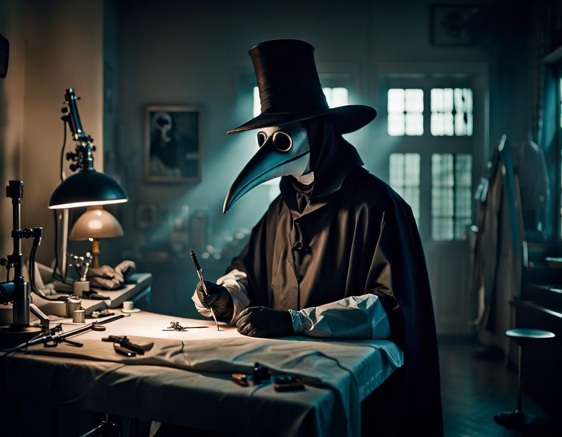 Surreal Plague Doctor Performing Surgery in Soft Light