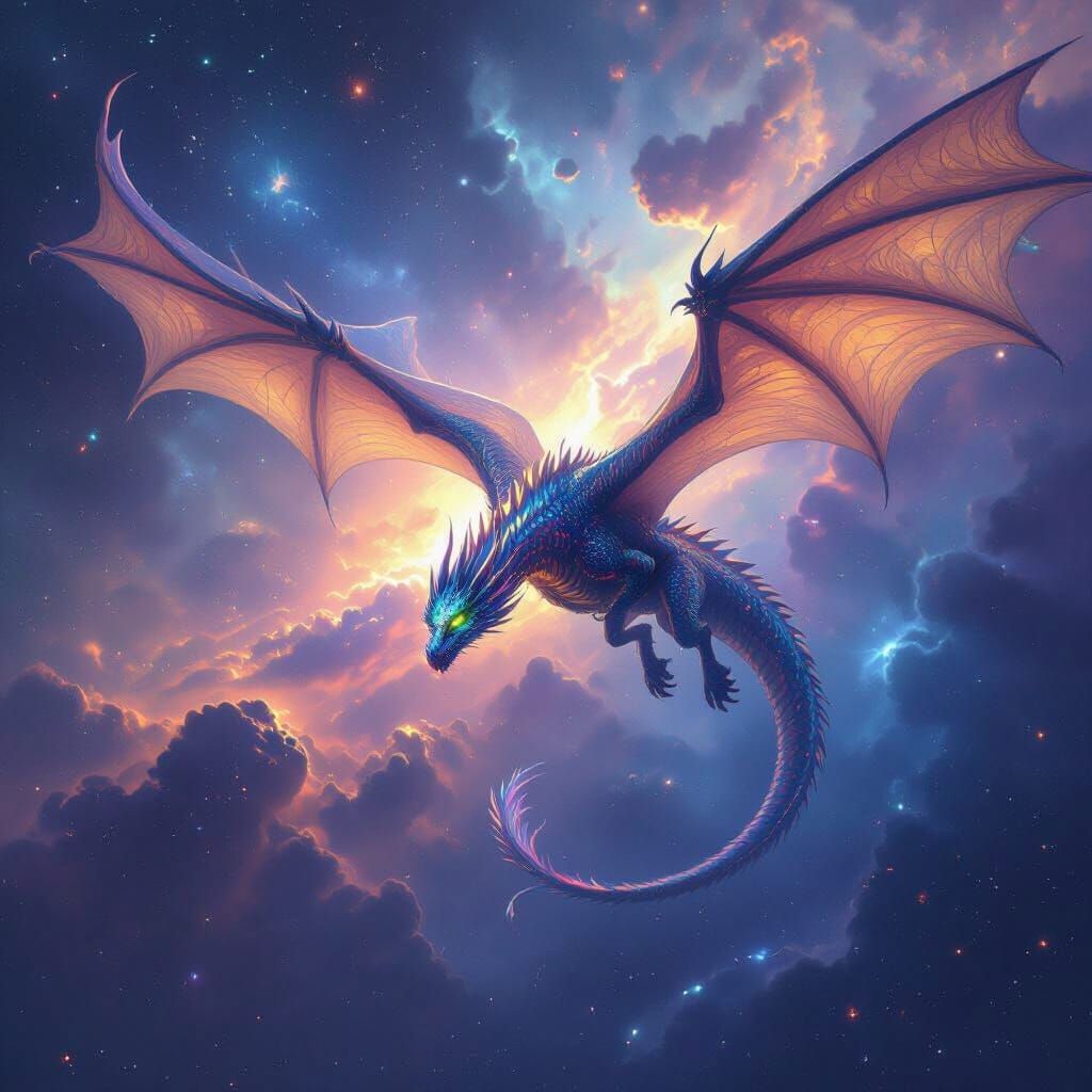 Iridescent Dragon Soaring Through Nebula Sky