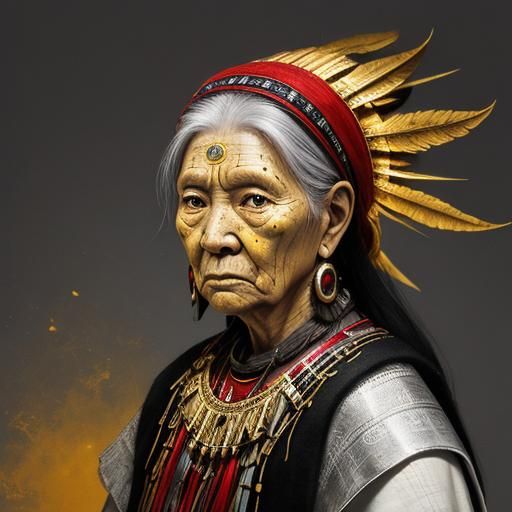 Beautiful Elder Woman Shaman in Gold and Red