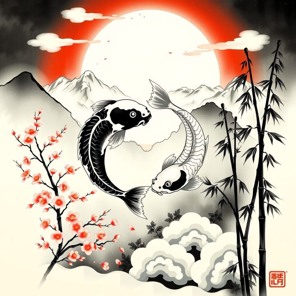 the concept of Yin and Yang through two intertwined koi fish