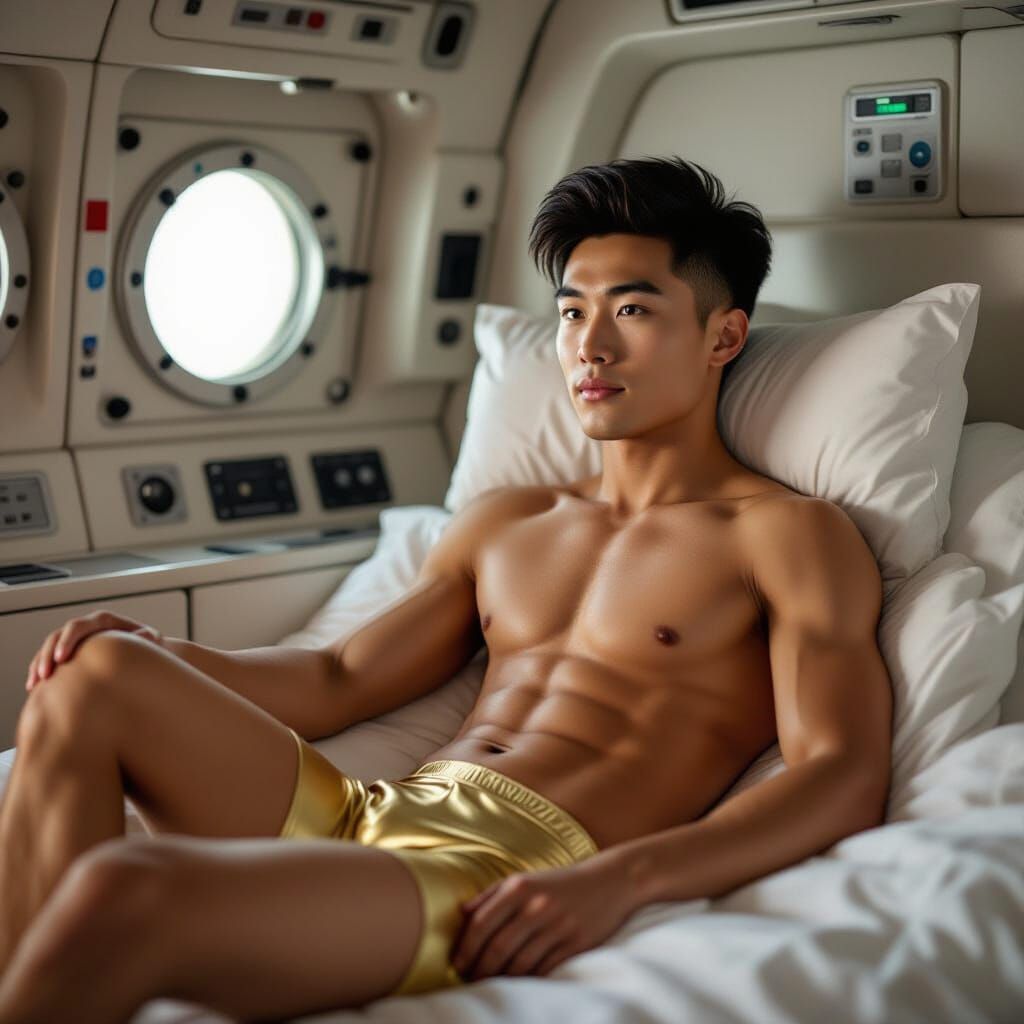 Relaxing Spaceship Captain in Gold Lycra Shorts