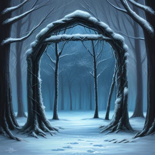 Midnight Forest Doorway in Eerie Atmosphere