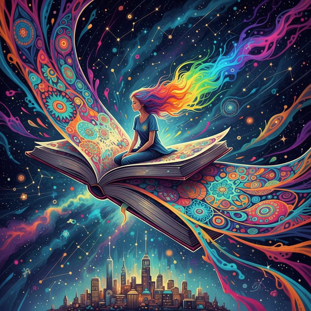 Girl with Rainbow Hair Flies Book Through Starry Sky
