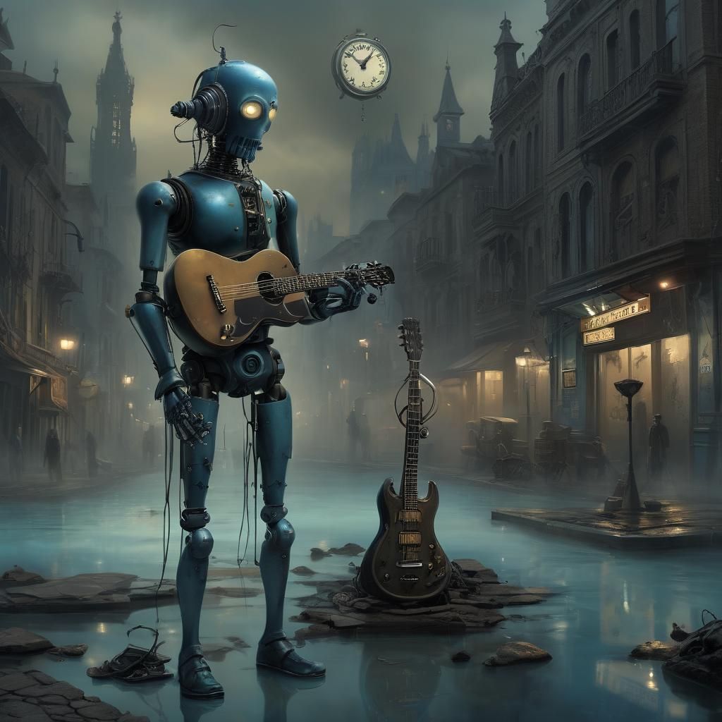 Biopunk Robot in Gothic City, Surreal Sci-Fi Art