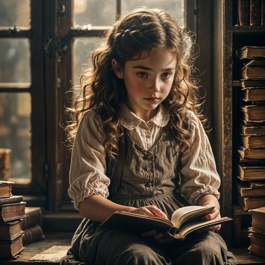 Girl Reading in Gloomy, Vintage Storage Room