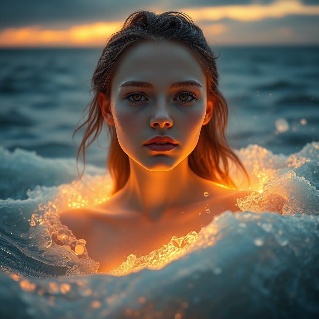 Ethereal Mermaid Goddess Rises from Ocean Depths in Golden L...