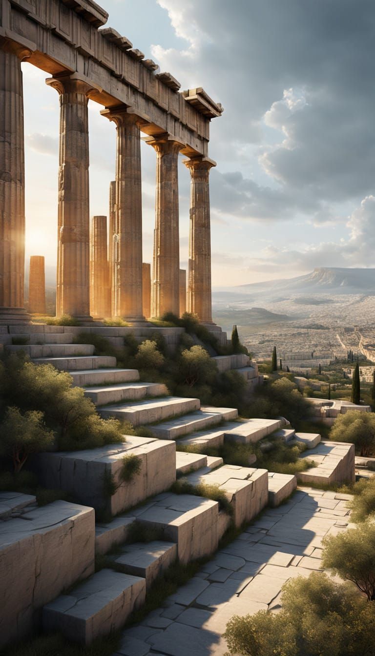 Ancient Greek Ruins at Sunset in Hyperrealistic Style