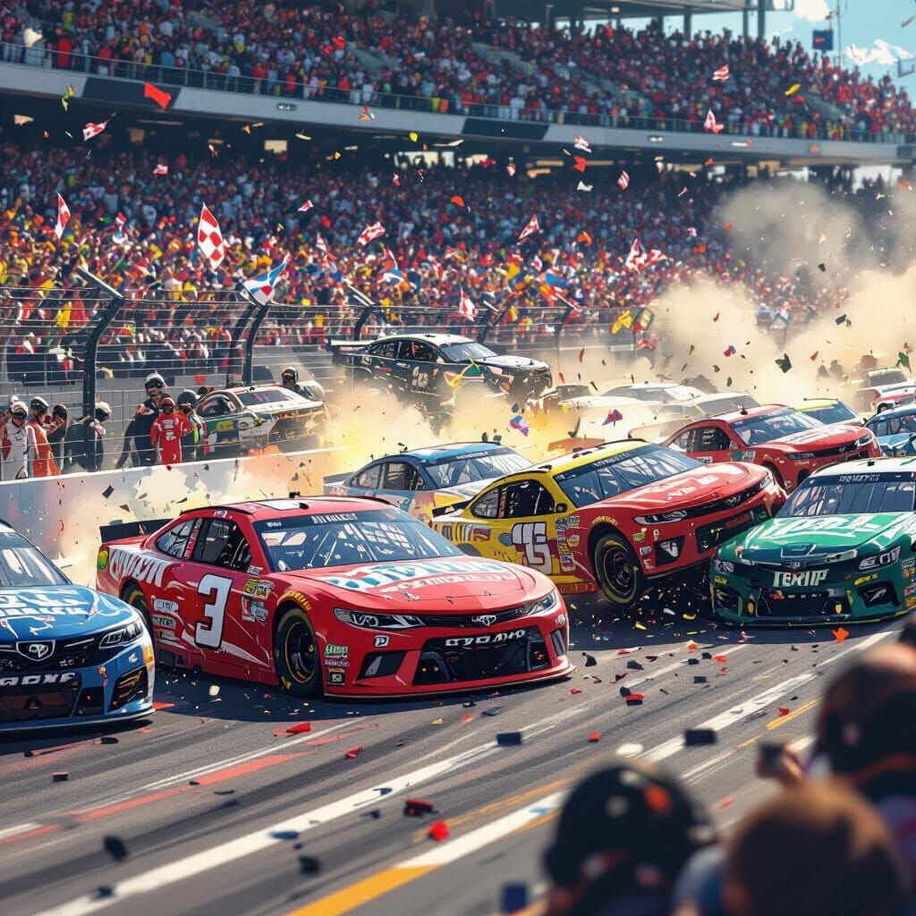 Nascar Pileup on Crowded Track in Digital Art Style