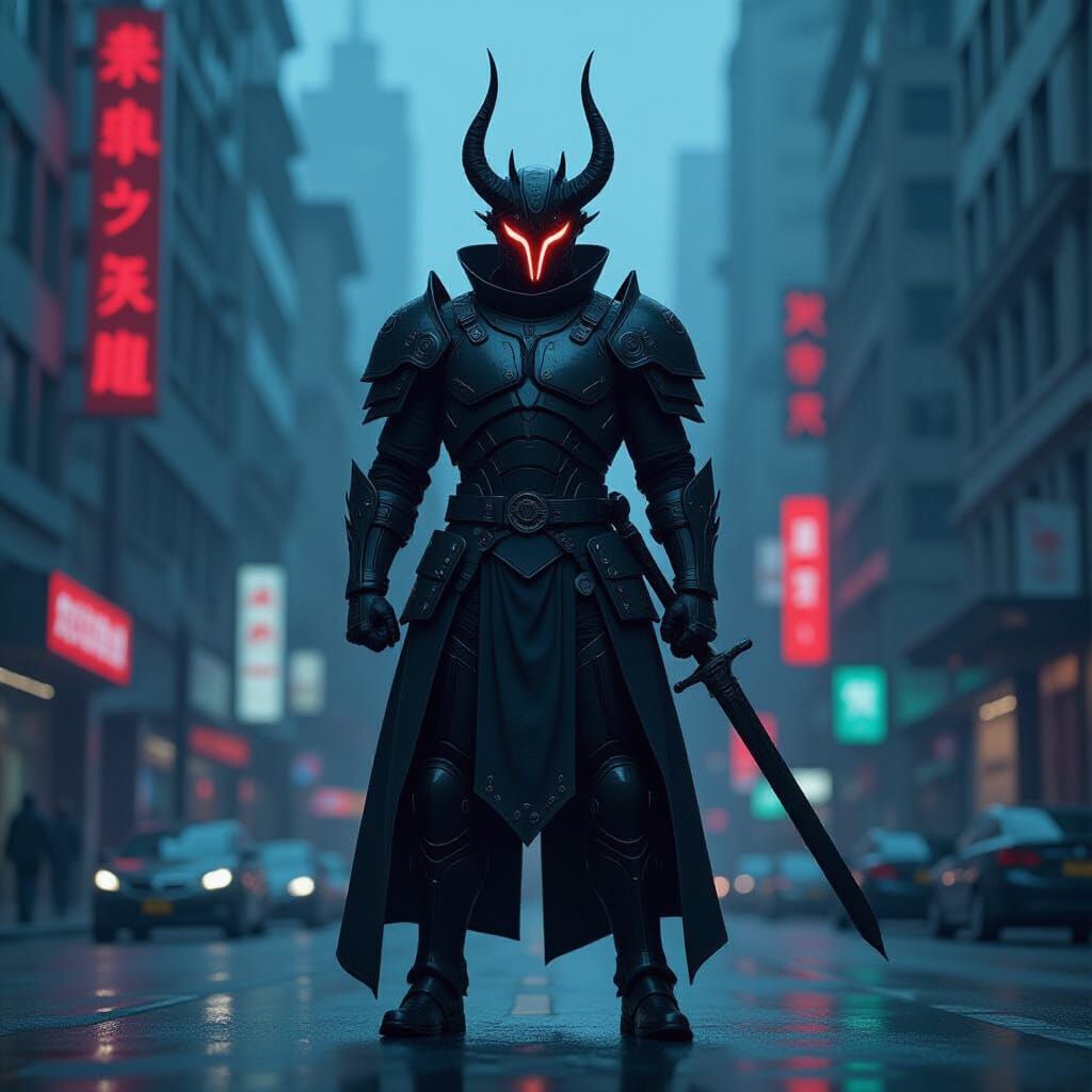 Raziel in Cyberpunk Cityscape, Bug's Eye View