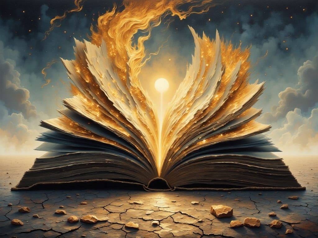 Surreal Glass Book Ablaze on Cracked Earth