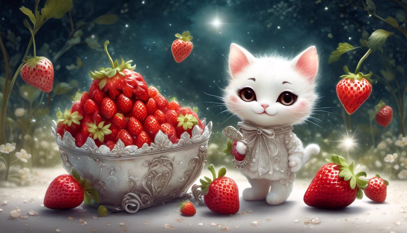 <lora:Glitter and Diamonds:1.0> <lora:NC Hyperreal:1.0> vibrant detailed adorable chibi happy cat on strawberry day Ruby...