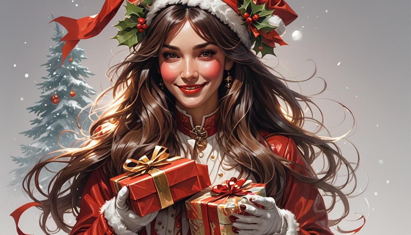 Vintage Chic Woman in Red Christmas Attire, High Definition...