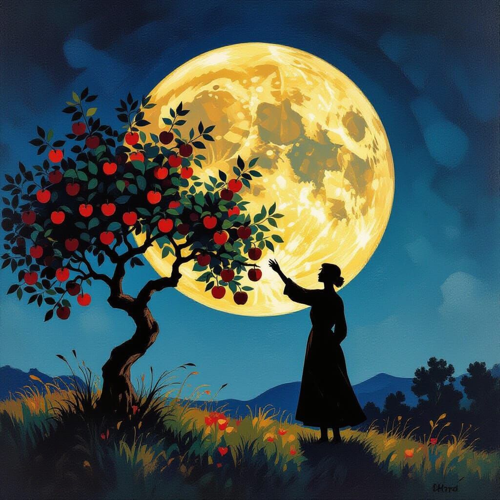 Abstract Full Moon Apple Picking with Ethereal Glow