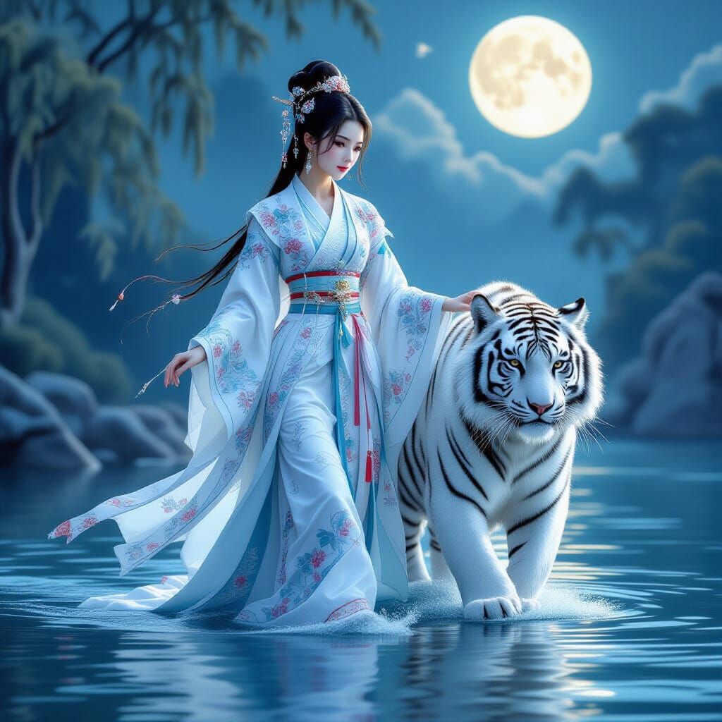 Woman in Hanfu with White Tiger on Water