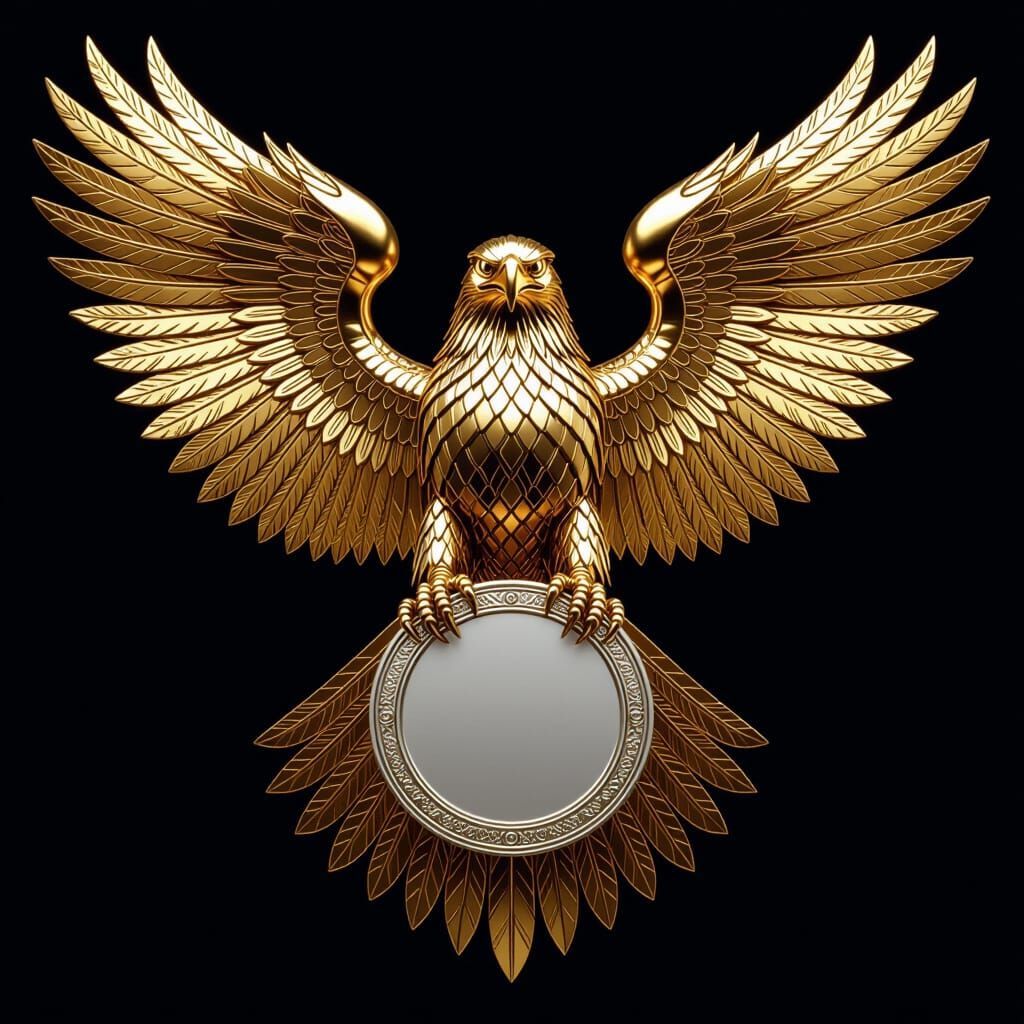 Golden Mechanical Eagle Holds Silver Badge, Hyper-Realistic
