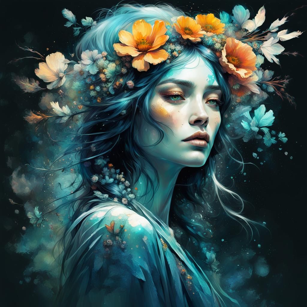 Flower Child Portrait in Digital Airbrush Style