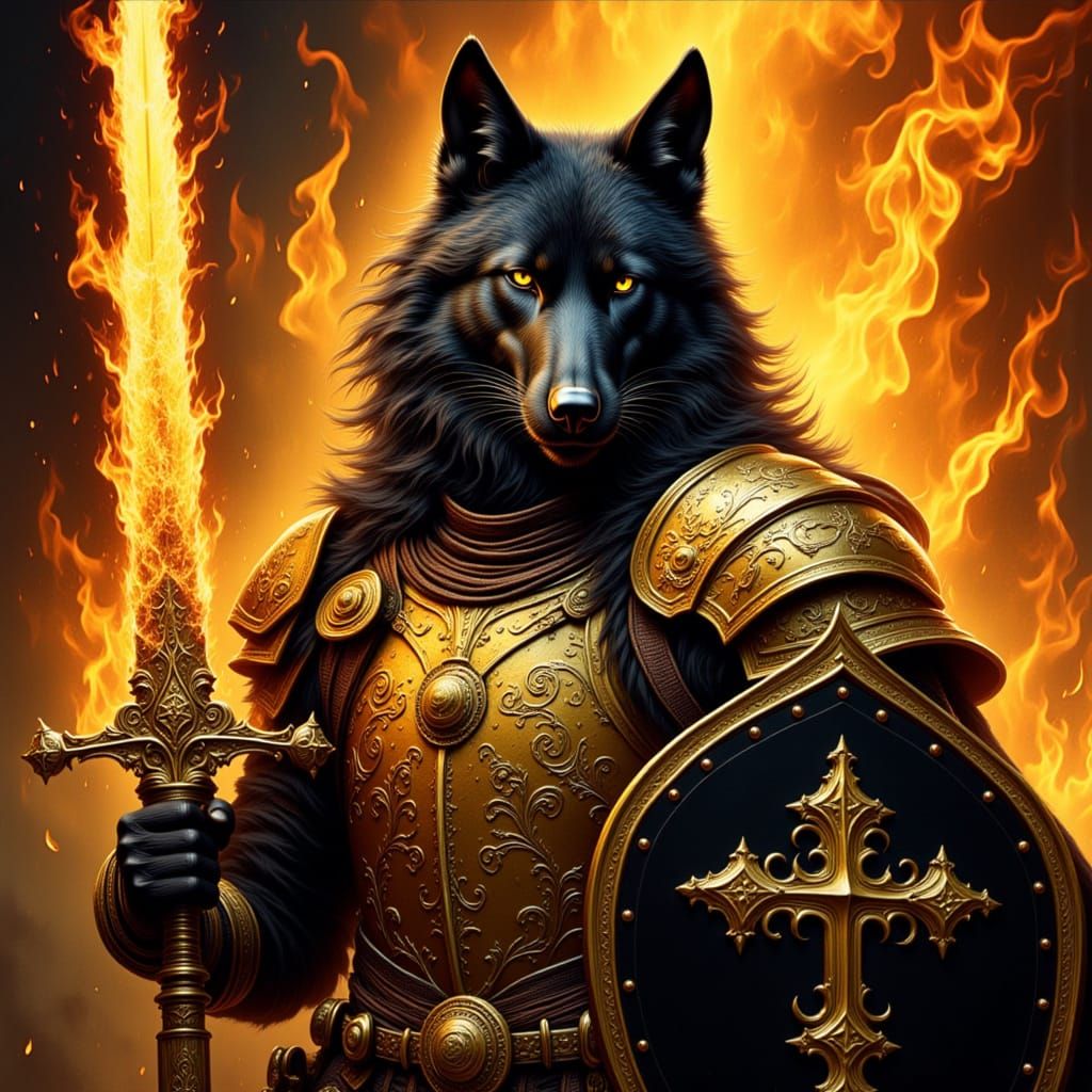 Armored Wolf Warrior with Flaming Sword