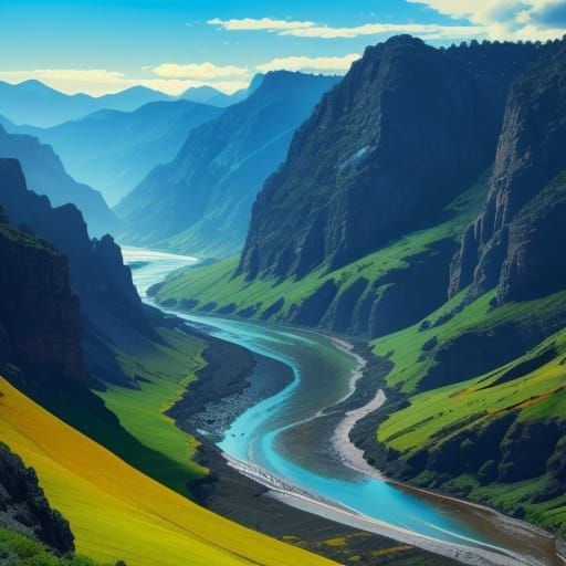 Hyperrealistic Valley Landscape in Vivid Contrast