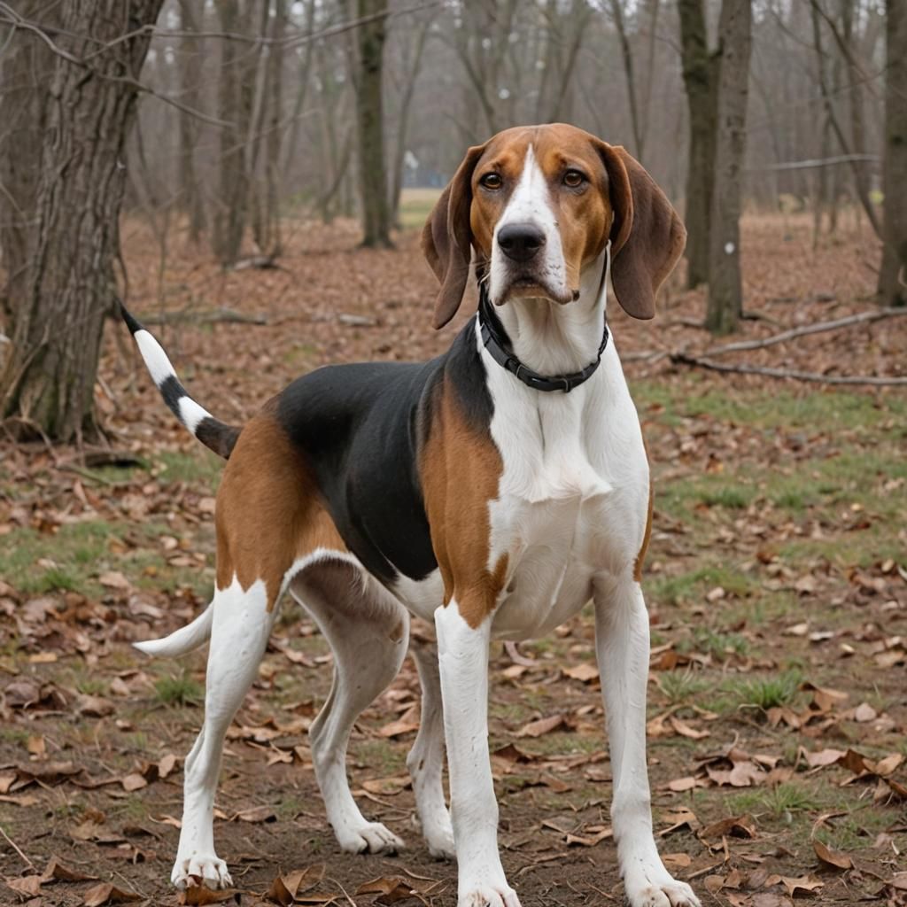 a treeing walker coonhound, solid smooth brown head and long ears, solid white muzzle standing in the distance