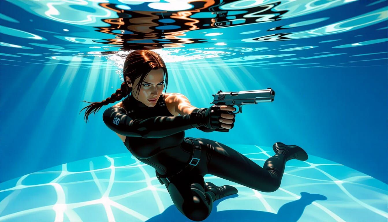 Lara Croft Underwater in Sunlit Pool with Pistol