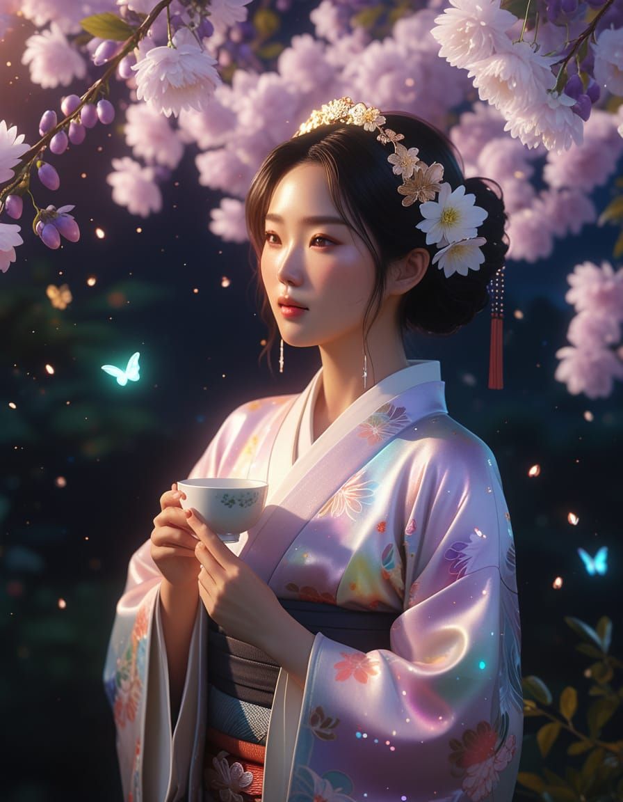Dreamlike Korean Woman Drinks Tea Under Full Moonlight